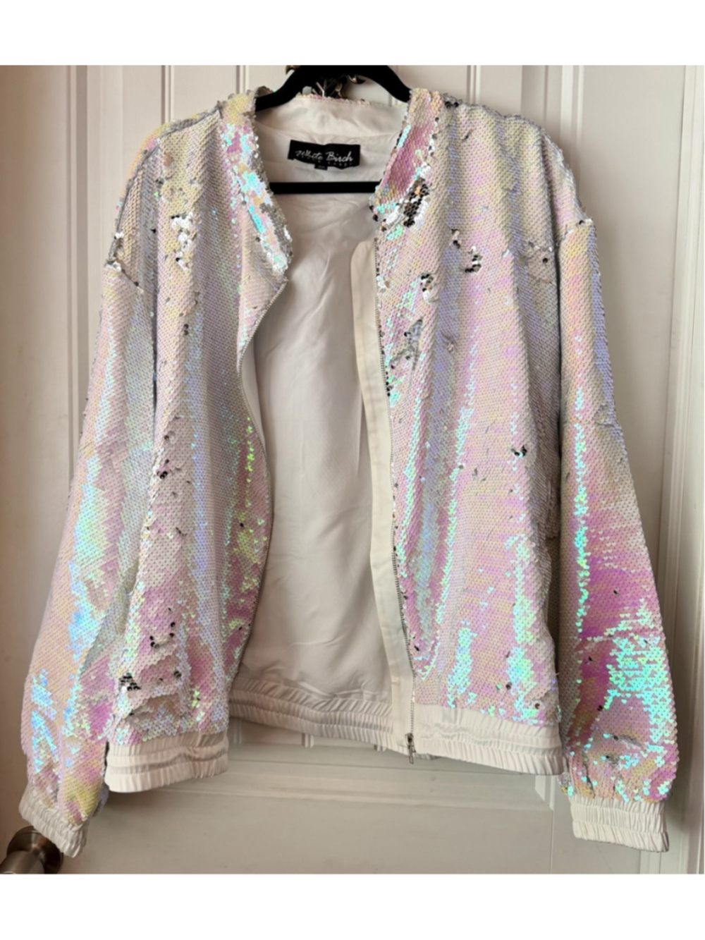 White Birch 2X Iridescent Sequin Bomber Jacket White Zip Front Plus Size - Picture 2 of 4